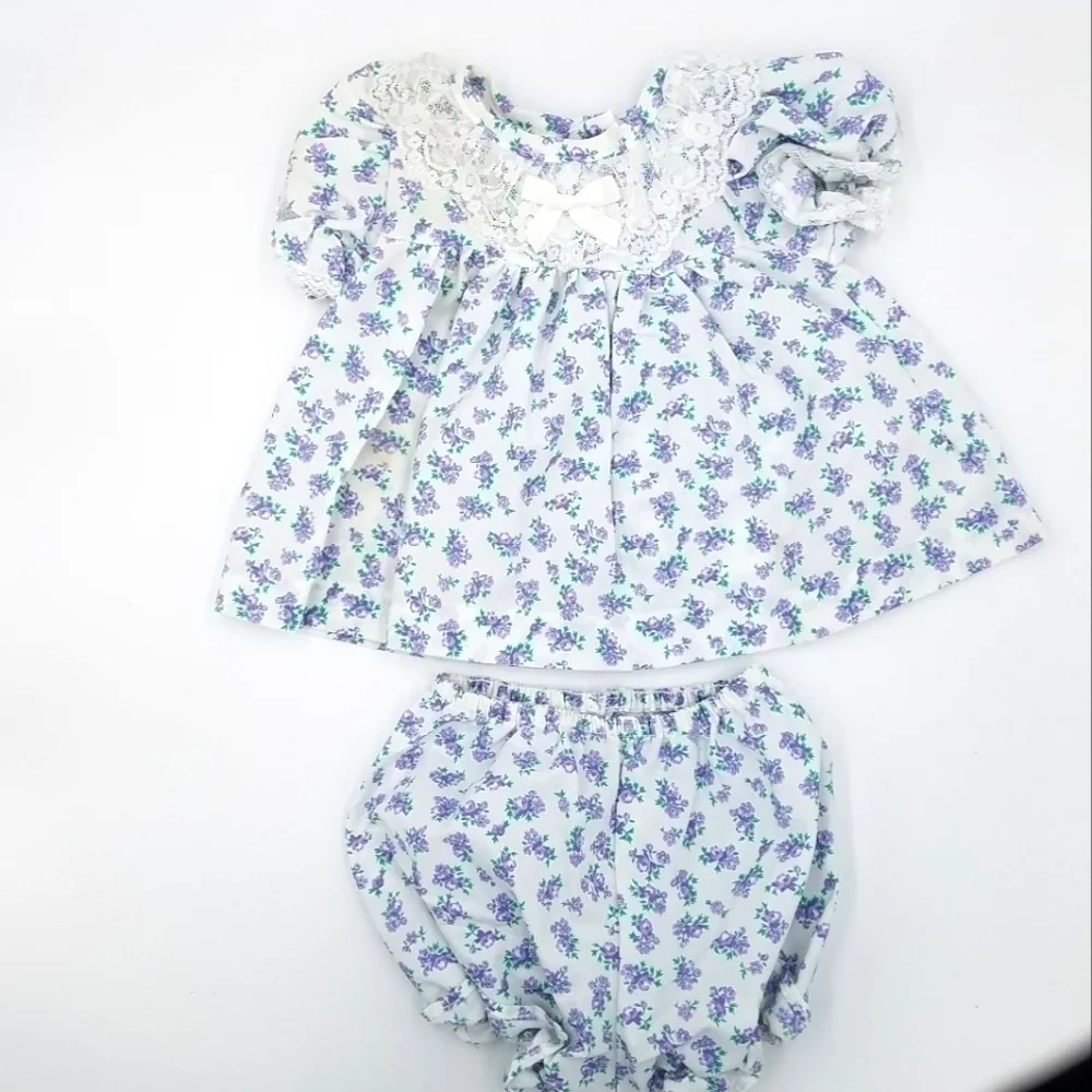 Vintage Little Miracles Dress Bloomer Lace Floral Flower Print Set 3-6m